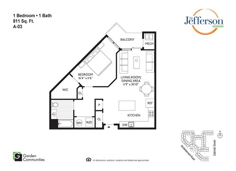 Floor plan for 1 bed, 1 bath, 811 sqft